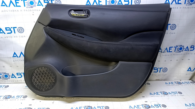 Door trim card front right Nissan Leaf 13-17 black with black insert leather, armrest black cloth, scratches, abrasions