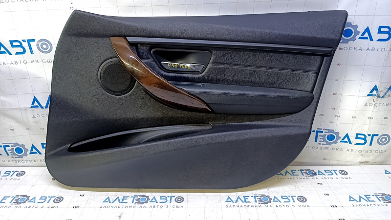 Door trim card front right BMW 3 F30 12-18 black with black insert leather, armrest black leather, wood trim, with backlight, dents, scuffs, abrasions, scratches