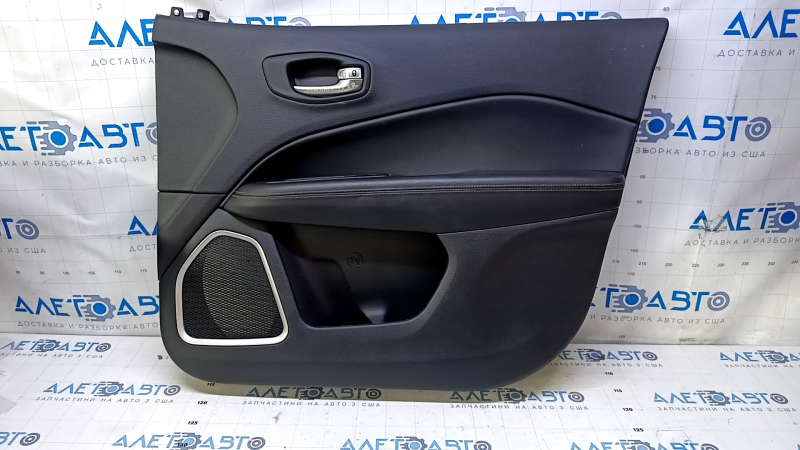 Door trim card front right Jeep Compass 17- black with black insert leather, black leather armrest, brown stitching, gray insert under the speaker, scuff, dent, abrasions, scratches