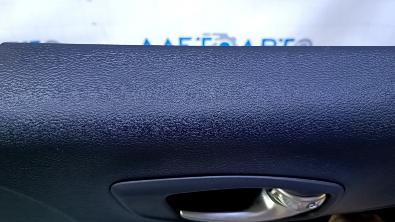 Door trim card front right Jeep Compass 17- black with black insert leather, black leather armrest, brown stitching, gray insert under the speaker, scuff, dent, abrasions, scratches
