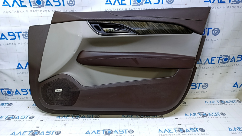 Door trim card front right Cadillac ATS 13- brown with gray insert leather, armrest brown leather, molding light wood gloss, BOSE, scuffs, cracked leather, dents, bumps, abrasions,