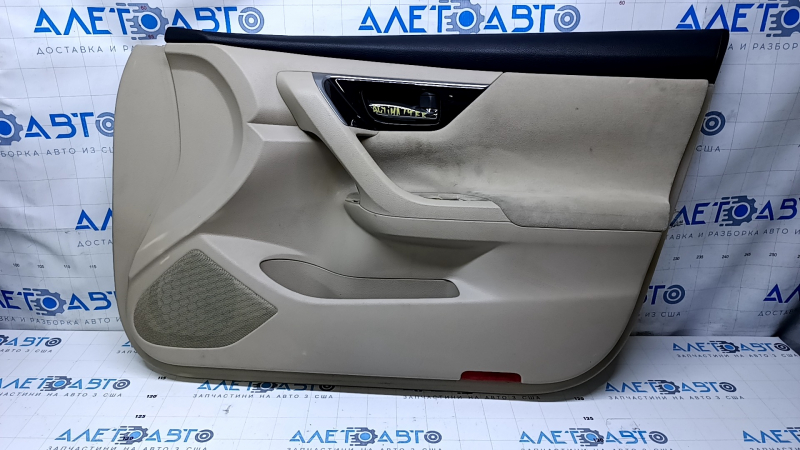 Door trim card front right Nissan Altima 13-18 beige with beige insert cloth, armrest beige cloth, molding black gloss, whitened plastic scuffs, dent, for dry cleaning
