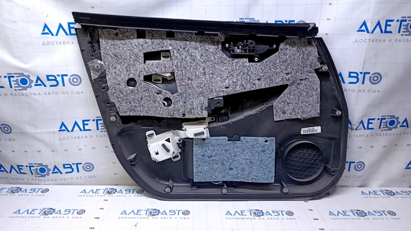 Door trim card front right Nissan Leaf 13-17 black with black insert leather, armrest black leather, bumps, scratches, abrasions, dents, scuffs