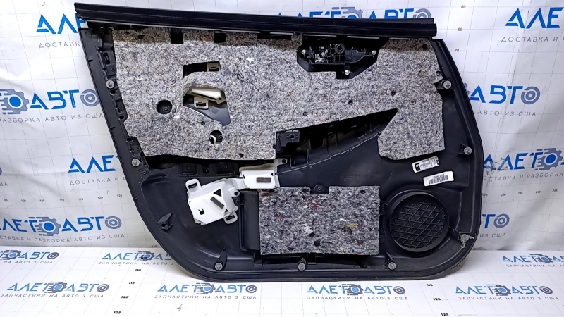 Door trim card front right Nissan Leaf 13-17 black with black insert leather, armrest black leather, scuffs, scratches, abrasions, dents