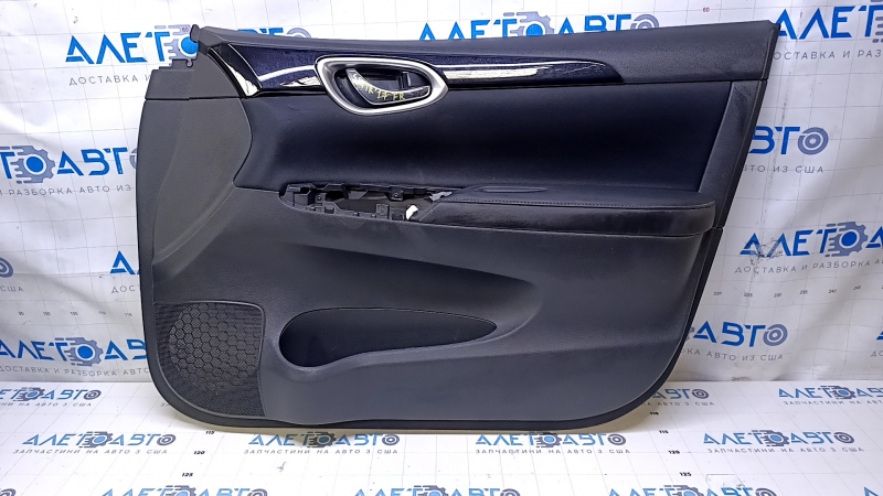 Door trim card front right Nissan Sentra 13-19 black with black insert cloth, armrest black leather, molding black gloss, abrasions, scratches, abrasions