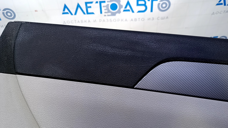 Door trim card rear left Hyundai Sonata 15-17 black with gray insert plastic, armrest gray leather, gray molding structure, scuffs, pokes, scratches, abrasions