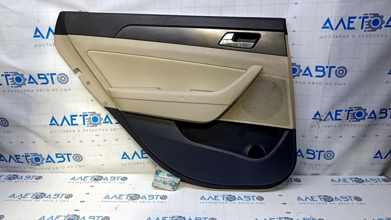 Door trim card rear left Hyundai Sonata 15-17 black with beige insert leather, armrest beige leather, gray molding structure, scratches, abrasions, dents, for dry cleaning