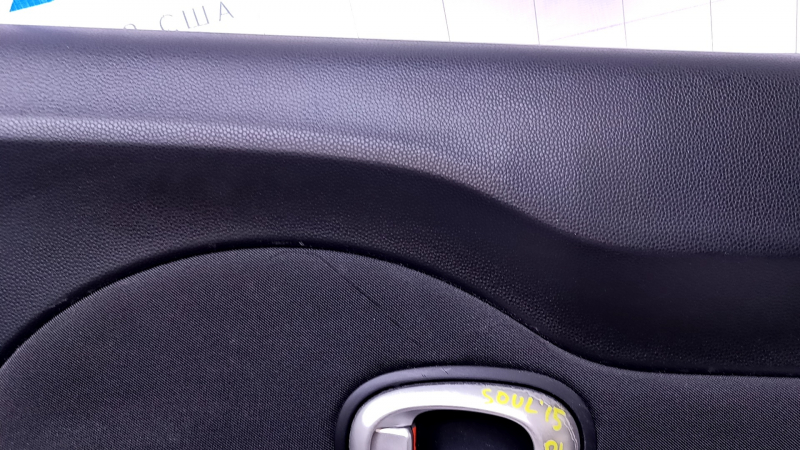 Door trim card rear left Kia Soul 14-19 black with black insert cloth, armrest black leather, scratches, abrasions