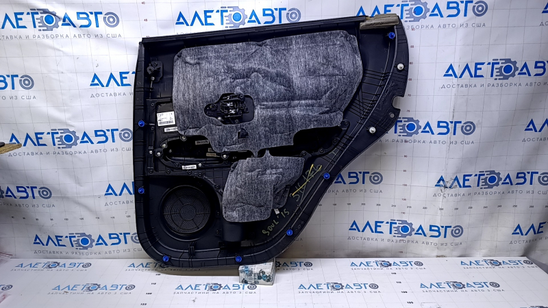 Door trim card rear left Kia Soul 14-19 black with black insert cloth, armrest black leather, scratches, abrasions