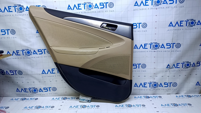 Door trim card rear left Hyundai Sonata 11-15 beige with beige insert leather, armrest beige leather, molding gray gloss, dents, abrasions, scratches
