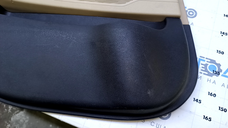 Door trim card rear left Hyundai Sonata 11-15 beige with beige insert leather, armrest beige leather, molding gray gloss, dents, abrasions, scratches