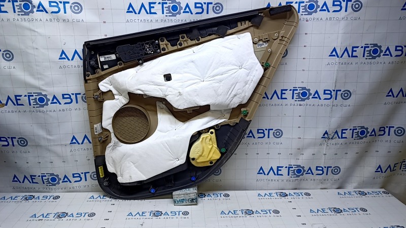 Door trim card rear left Hyundai Sonata 11-15 beige with beige insert leather, armrest beige leather, molding gray gloss, dents, abrasions, scratches