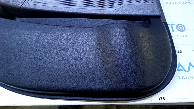 Door trim card rear left Hyundai Sonata 11-15 black with gray insert plastic, armrest gray leather, black molding structure, scratches, abrasions, dents