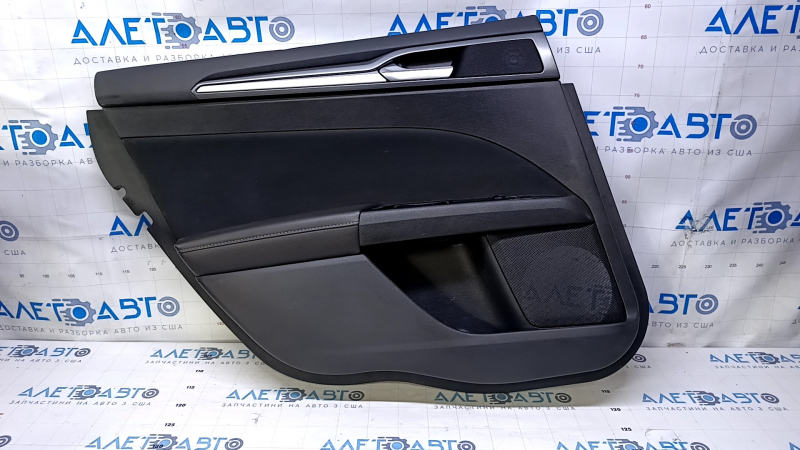 Door trim card rear left Ford Fusion mk5 13-16 black with black insert cloth, armrest black leather, molding gray gloss, dents, scratches, abrasions