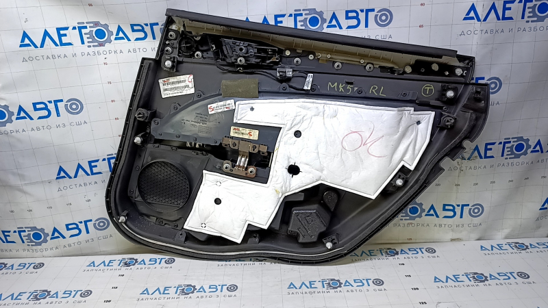 Door trim card rear left Ford Fusion mk5 13-16 black with black insert cloth, armrest black leather, molding gray gloss, dents, scratches, abrasions