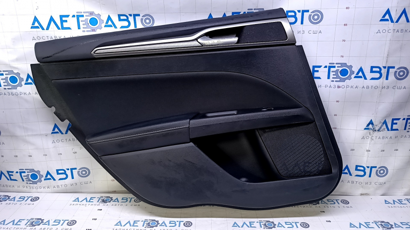 Door trim card rear left Ford Fusion mk5 17-19 black with black insert cloth, armrest black leather, molding gray structure, scuffs, dents