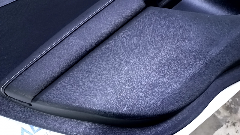 Door trim card rear left Ford Fusion mk5 17-19 black with black insert cloth, armrest black leather, molding gray structure, scuffs, dents