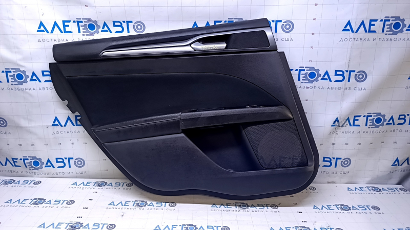 Door trim card rear left Ford Fusion mk5 13-16 black with black insert cloth, armrest black leather, molding gray gloss, dents, scuffs, scratches, abrasions