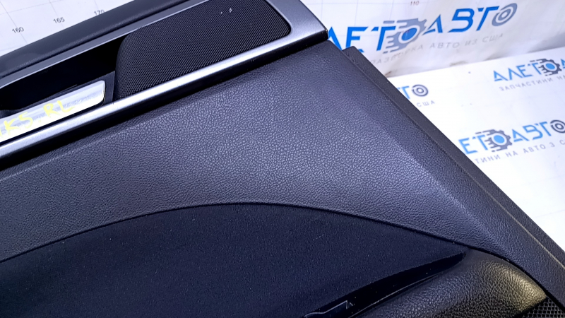 Door trim card rear left Ford Fusion mk5 13-16 black with black insert cloth, armrest black leather, molding gray gloss, dents, scuffs, scratches, abrasions