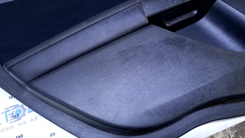 Door trim card rear left Ford Fusion mk5 13-16 black with black insert cloth, armrest black leather, molding gray gloss, dents, scuffs, scratches, abrasions