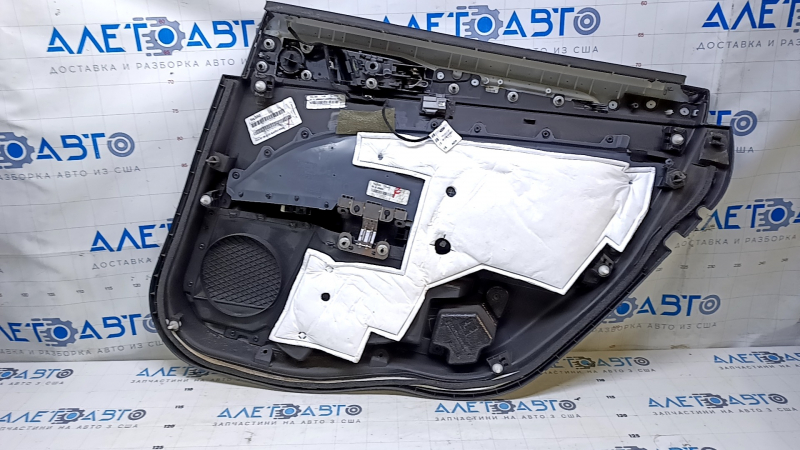 Door trim card rear left Ford Fusion mk5 13-16 black with black insert cloth, armrest black leather, molding gray gloss, dents, scuffs, scratches, abrasions