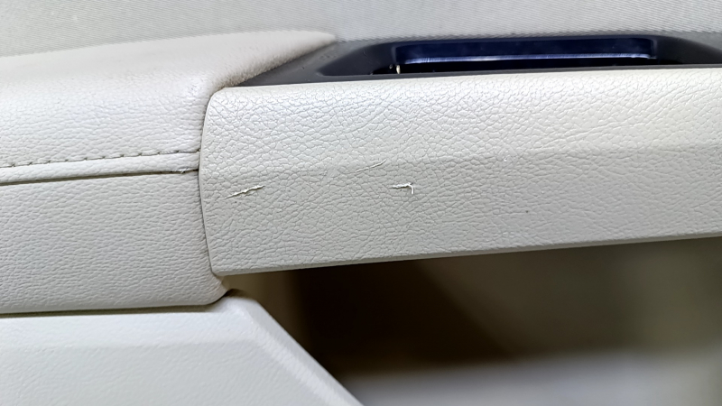 Door trim card rear left Ford Fusion mk5 13-16 beige with beige insert cloth, armrest beige leather, molding gray structure, dent, scuffs, scratches, for dry cleaning