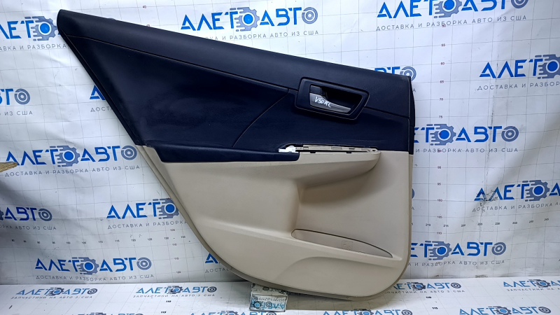 Door trim card rear left Toyota Camry v50 12-14 usa beige with black insert plastic, armrest rubber, scratches, abrasions