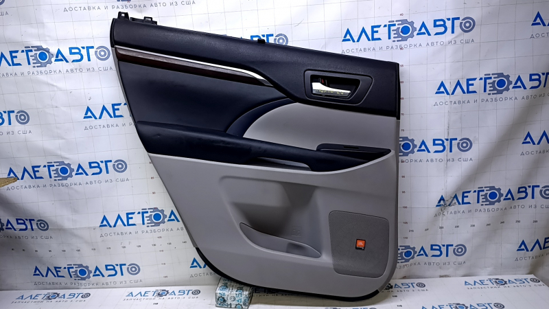 Door trim card rear left Toyota Highlander 14-16 gray with black insert leather, armrest black leather, molding dark wood structure, under JBL with curtain, pokes, scratches, abrasions