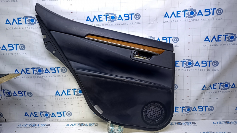 Door trim card rear left Lexus ES300h ES350 13-18 black with black insert leather, armrest black leather, molding light wood gloss, dents, abrasions, scratches, nicks
