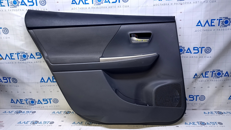 Door trim card rear left Toyota Prius V 12-17 dark gray with dark gray insert cloth, armrest dark gray cloth, scuffs, scratches, dents, pokes, nicks