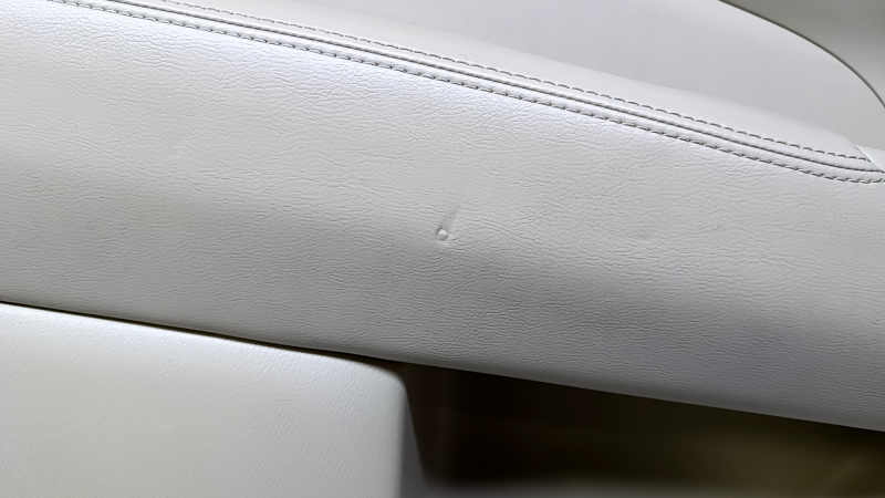 Door trim card rear left Nissan Pathfinder 13-20 beige with beige insert leather, armrest beige leather, molding handle gray structure, abrasions, scratches, dents, whitened plastic