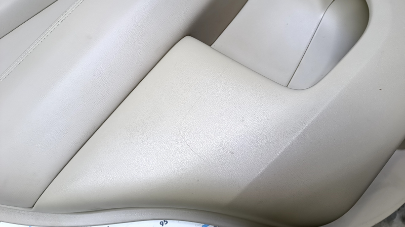 Door trim card rear left Nissan Pathfinder 13-20 beige with beige insert leather, armrest beige leather, molding handle gray structure, abrasions, scratches, dents, whitened plastic