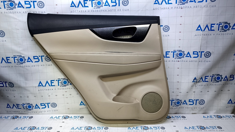 Door trim card rear left Nissan Rogue 14-20 beige with beige insert plastic, armrest beige leather, molding carbon glossy, scratches, abrasions, scuffs