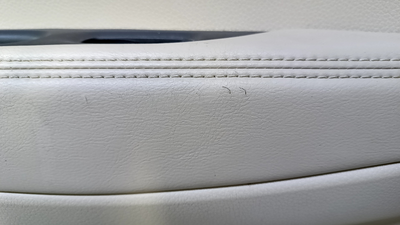 Door trim card rear left Nissan Rogue 14-20 beige with beige insert plastic, armrest beige leather, molding carbon glossy, scratches, abrasions, scuffs