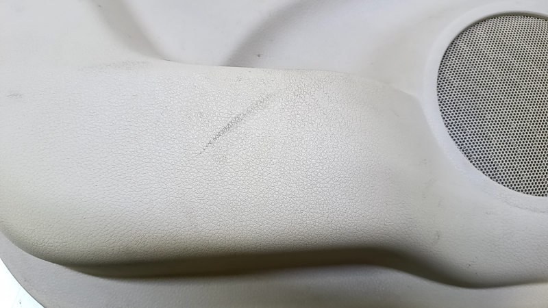 Door trim card rear left Nissan Rogue 14-20 beige with beige insert plastic, armrest beige leather, molding carbon glossy, scratches, abrasions, scuffs