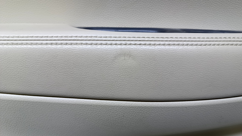 Door trim card rear left Nissan Rogue 14-20 beige with beige insert plastic, armrest beige leather, molding carbon glossy, scratches, abrasions, scuffs, dents
