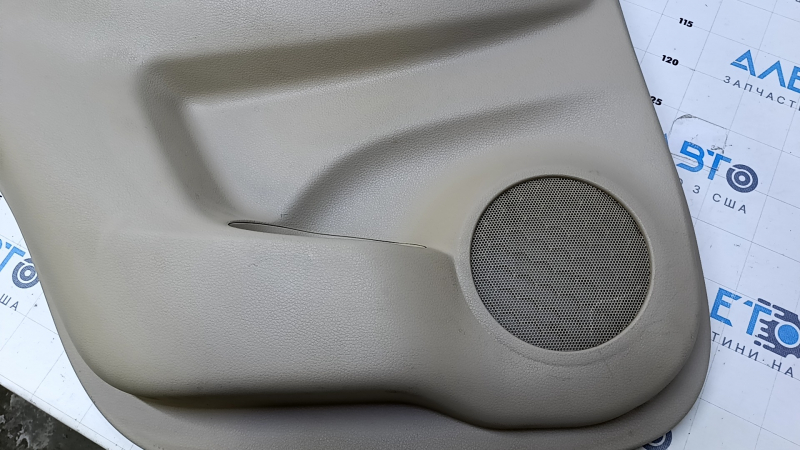 Door trim card rear left Nissan Rogue 14-20 beige with beige insert plastic, armrest beige leather, molding carbon glossy, scratches, abrasions, scuffs, dents