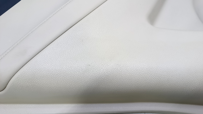 Door trim card rear left Nissan Rogue 14-20 beige with beige insert plastic, armrest beige leather, molding graphite structure, scratches, abrasions, dent