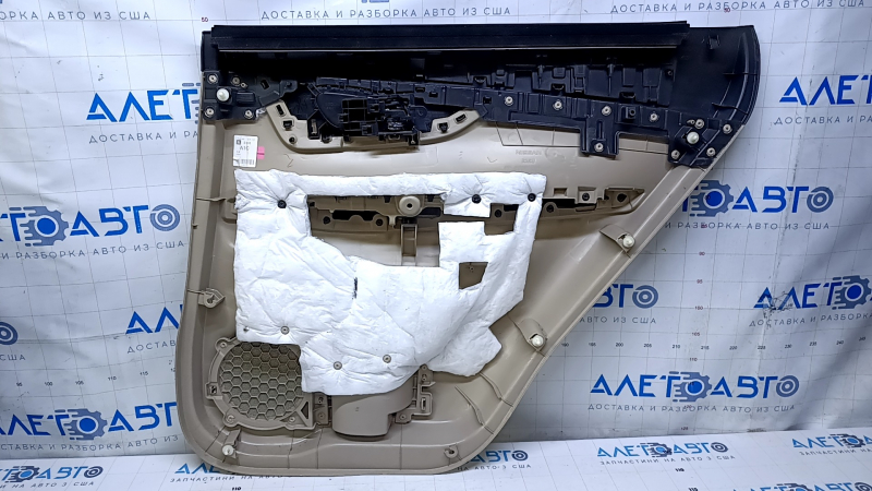 Door trim card rear left Nissan Rogue 14-20 beige with beige insert plastic, armrest beige leather, molding graphite structure, scratches, abrasions, dent