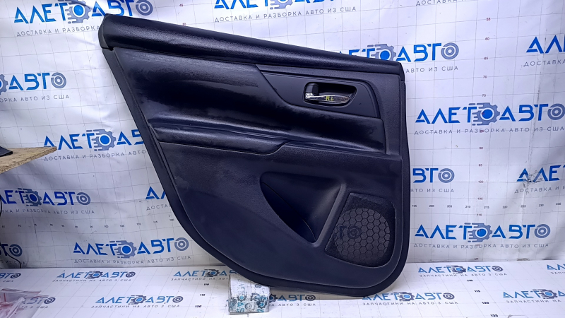 Door trim card rear left Nissan Altima 13-18 black with black insert leather, armrest black leather, molding black matte, scratches, dents, abrasions