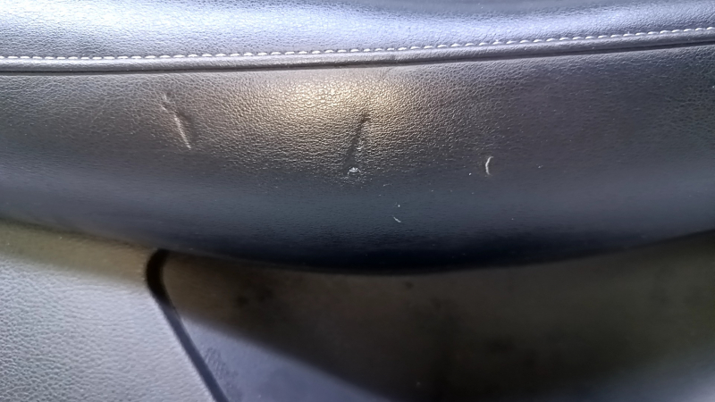 Door trim card rear left Infiniti QX50 19- black with black insert leather, armrest black leather, molding gray structure, bumps, dents, scuffs, abrasions, scratches