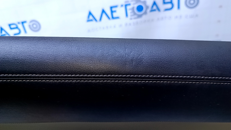 Door trim card rear left Infiniti QX50 19- black with black insert leather, armrest black leather, molding gray structure, bumps, dents, scuffs, abrasions, scratches