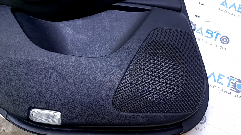 Door trim card rear left Infiniti QX50 19- black with black insert leather, armrest black leather, molding gray structure, bumps, dents, scuffs, abrasions, scratches