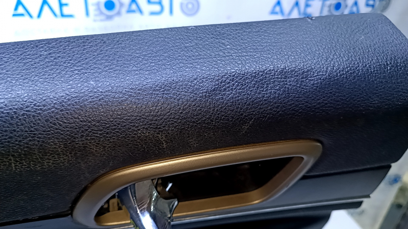 Door trim card rear left Jeep Grand Cherokee WK2 14-16 black with black insert leather, armrest black leather, white stitching, molding with chrome, under mat black wood, pokes, scuffs, scratches, scu