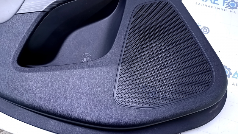Door trim card rear left Jeep Cherokee KL 14-18 black with black insert leather, armrest gray leather, molding dark wood, scratches, abrasions, dents, bumps