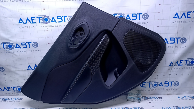 Door trim card rear left Jeep Cherokee KL 14-18 black with black insert cloth, armrest black leather, molding dark wood, scuffs, dents, abrasions, bumps