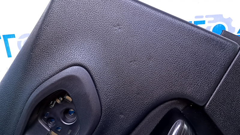 Door trim card rear left Jeep Cherokee KL 14-18 black with black insert cloth, armrest black leather, molding dark wood, scuffs, dents, abrasions, bumps