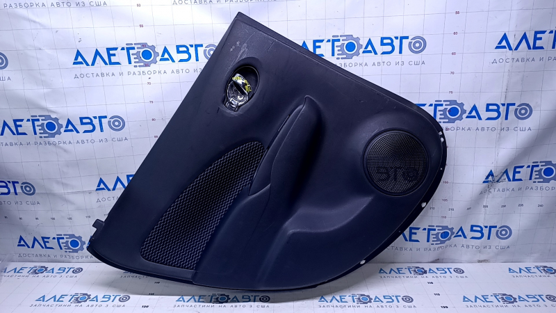Door trim card rear left Nissan Versa Note 13-19 black with black-blue insert cloth, armrest black plastic, scratches, abrasions