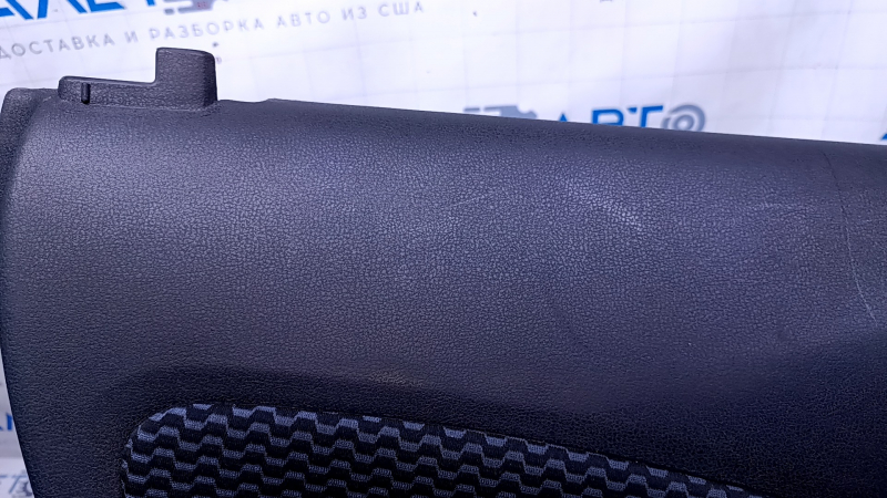 Door trim card rear left Nissan Versa Note 13-19 black with black-blue insert cloth, armrest black plastic, scratches, abrasions