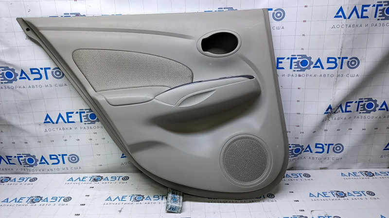 Door trim card rear left Nissan Versa 12-19 usa gray with gray insert cloth, armrest gray plastic, scratches, abrasions, whitened plastic